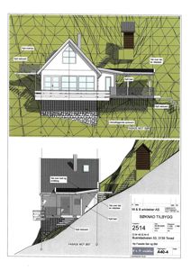 Fasadetegning som viser bygningens utseende fra to sider (mot sør og mot øst) med detaljer om tak, vinduer og terrasser.
