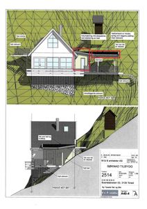 Fasadetegning som viser oppriss av en bygning sett fra to sider (mot sørøst og mot sørvest) med merking av nye elementer.