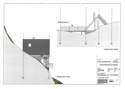 Fasadetegning som viser bygningens utseende sett fra nord og vest, inkludert terrassering og terrengforhold.
