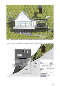 Fasadetegning som viser bygningens utseende fra to vinkler (mot sør og mot øst), inkludert detaljer om tak, vinduer og terrasser.
