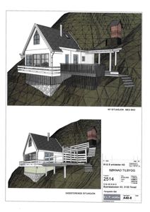 Perspektivtegning (rendering) av en bygning i situasjon med omgivende terreng