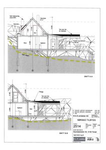 Tegning som viser tverrsnitt gjennom en bygning (Snitt A-A og Snitt B-B) med romfordeling, høyder og konstruksjonsdetaljer.