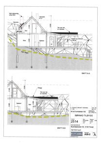 Snittegning (SNITT A-A og SNITT B-B) som viser bygningens tverrsnitt, romfordeling, høyder og konstruksjon.
