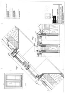 Tegning som viser detaljert oppriss av en VELUX takvindu-konstruksjon, inkludert snitt (Section A-A), dimensjoner og referanser til materialer.