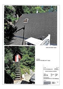 Fotografier av eksisterende bygning (tak og uteområde) med tekstbeskrivelse av endringer.