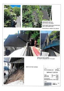 Fotografier av en eksisterende bygning (hus) med tilhørende tekstbeskrivelser om fasade og planlegging.