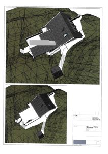 Perspektivtegning (rendering) som viser en 3D-modell av en bygning i et terreng. Tegningen illustrerer en tilbyggingsplan med tekstnotater om endringer i plattinger og tak.