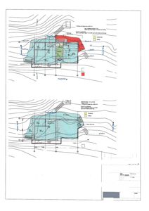 Situasjonsplaner som viser tomtens form, høydeforhold (konturer), bebyggelse og arealoppdelinger for et byggeprosjekt.
