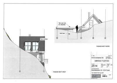 Fasadetegning som viser bygningens utseende sett fra nord og vest, inkludert detaljer som vinduer, tak og terrengforhold.