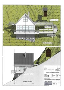 Fasadetegning som viser bygningens utseende fra sør og øst, inkludert endringer som fjerning av rekkverk og trapp.