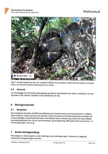 Fotografi av en bergvegg med anbefalt bergsikring (bolter) markert med blå prikker og strek.