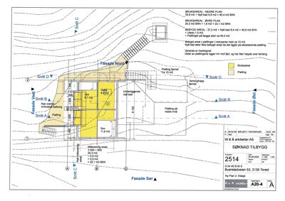 Etasjeplan (SØRKNAD TILBYGG) som viser romfordeling, arealer og fasader.