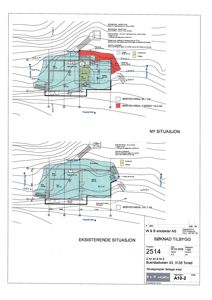 Situasjonsplaner som viser tomtens form, høydeforhold (konturer), bebyggelse og arealoppdelinger for et byggeprosjekt.