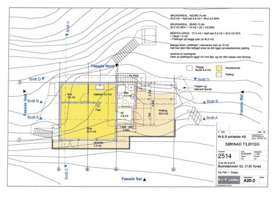 Etasjeplan (1. etasje) med romfordeling, arealer og snittreferanser