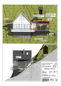 Fasadetegning som viser bygningens utseende fra to sider (mot sør og mot øst) med annotasjoner om endringer som nytt rekkverk, bad og takoverbygging.