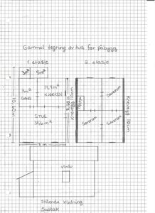 Håndskrevet etasjeplan (1. og 2. etasje) med romnavn og mål.
