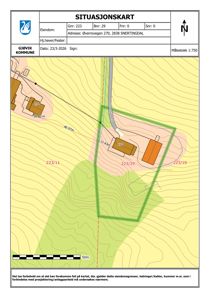 Situasjonskart som viser eiendomsgrenser, topografi, naboeiendommer og infrastruktur for eiendommen Øverrovegen 270, 2838 Snertingdal.