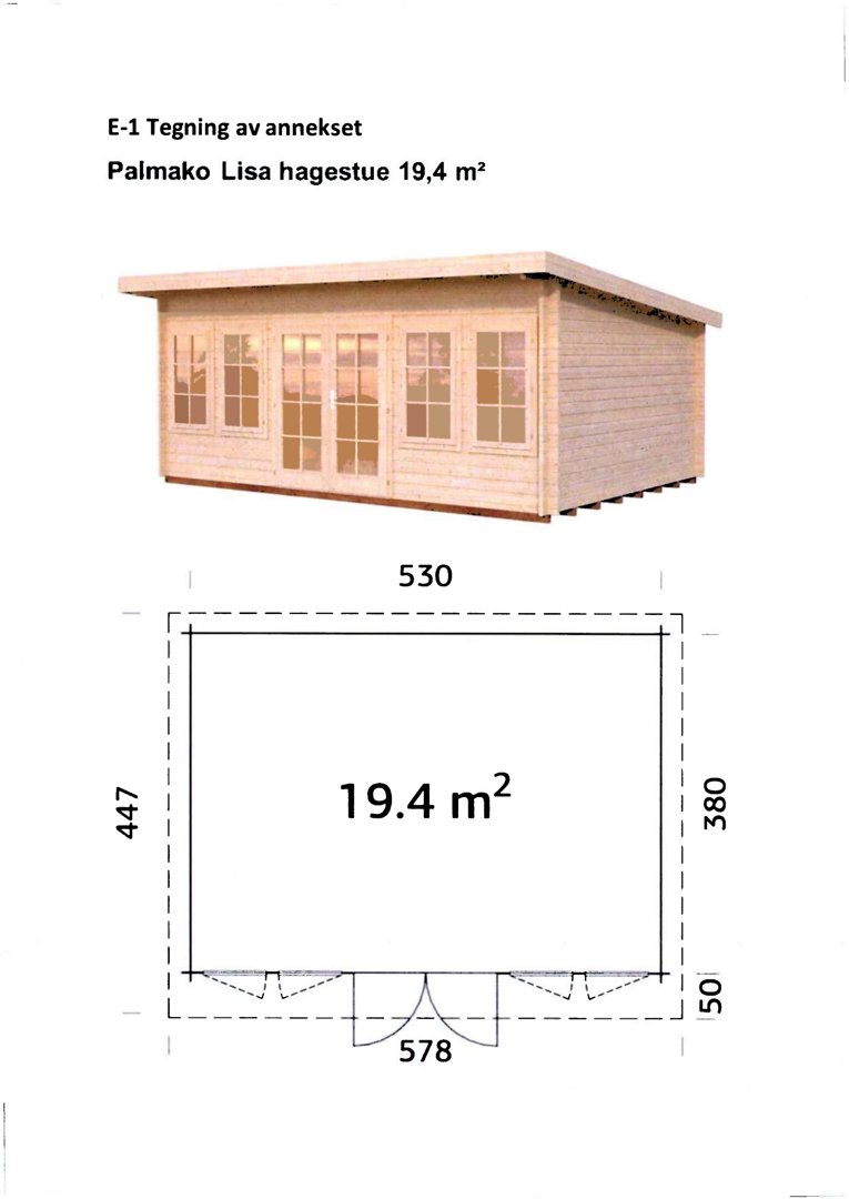 Bildet viser en tegning av et hageannex (Palmako Lisa). Det inneholder både en 3D-visualisering av fasaden og en planutsnitt med mål for bygningen.
