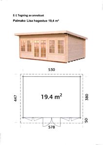 Bildet viser en tegning av et hageannex (Palmako Lisa). Det inneholder både en 3D-visualisering av fasaden og en planutsnitt med mål for bygningen.