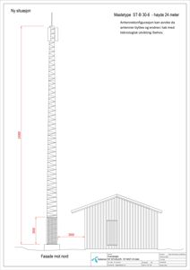 Fasadetegning som viser en ny situasjon med en mast og en bygning sett fra nord.
