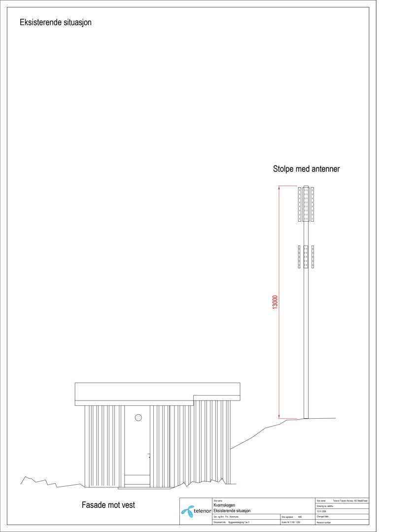 Fasadetegning som viser en eksisterende bygning sett fra vest, med en antennestolpe i nærheten.