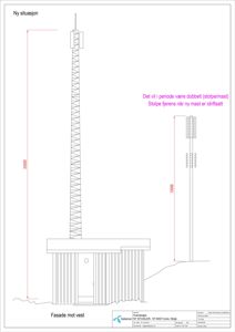 Fasadeopprikk (sideutsnitt) av en ny situasjon for en telemast og en bygning, med angitte høyder og en fasadebeskrivelse.