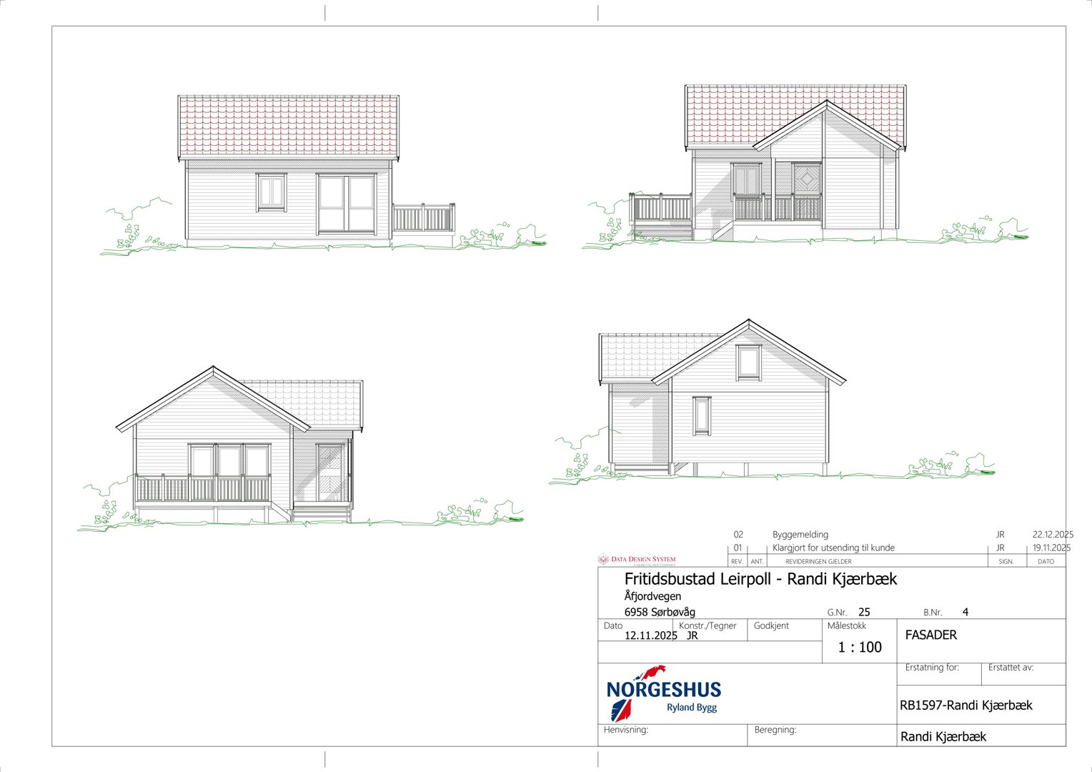 Fasadetegning som viser bygningens utseende fra fire ulike vinkler (front, side, bak og en vinkel), inkludert detaljer som tak, vinduer, dører og veranda.