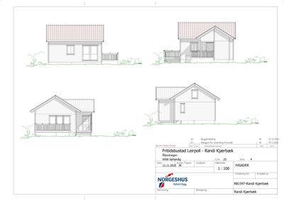 Fasadetegning som viser bygningens utseende fra fire ulike vinkler (front, side, bak og en vinkel), inkludert detaljer som tak, vinduer, dører og veranda.