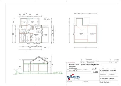Etasjeplan med romfordeling, dimensjoner og snittegning for en bolig.