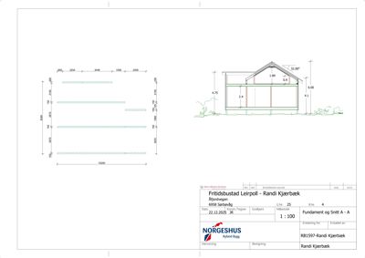 Snittegning som viser tverrsnittet av en fritidsbustad med mål på fundament, vegger og tak.
