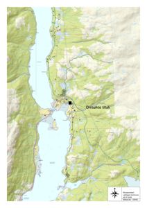 Situasjonskart over Ladestølen kommune som viser topografi, vannveier og et svart kvadrat som markerer 'Omsøkte tiltak'.