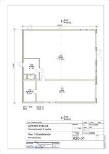 Etasjeplan (våningsplan) som viser romfordeling, arealer og funksjoner i et bygg.