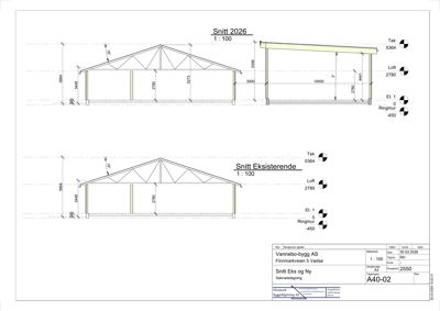 Tegning som viser tverrsnitt gjennom en bygning (Snitt 2026 og Snitt Eksisterende) med mål og høyder.