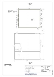 Etasjeplan (plan 1 2026) som viser romfordeling, dimensjoner og arealoppdelinger for en garasje og et boligrom.