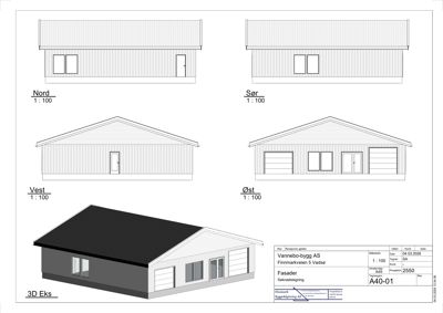 Fasadetegning som viser bygningens utseende fra fire sider (Nord, Sør, Vest, Øst) samt en 3D-eksempelvisning.