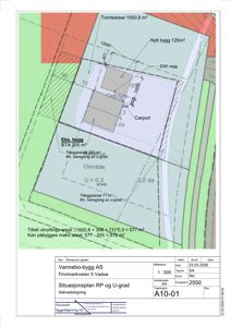 Situasjonsplan som viser tomtens grenser, eksisterende og nytt bygg, carport, ei60-vegg, samt beregninger for tillatt utnyttelsesareal og påbyggingsareal.