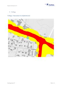 Kart som viser støysoner (rødt og gult område) i forhold til en bygning (markert med blå prikk) og omgivende gater.