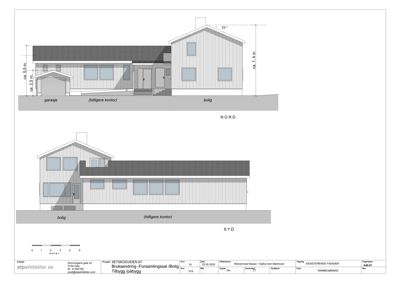 Fasadetegning som viser bygningens utsyn mot nord og syd, med mål og eksisterende fasade.
