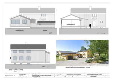 Bildet viser fasadetegninger (øst og vest) samt et eksisterende foto av bygningen.