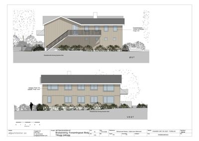 Fasadetegning som viser bygningens utsyn mot øst og vest, inkludert materialvalg, farge og eksisterende/nytt terrassering.