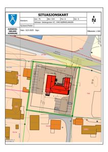 Situasjonskart som viser eiendomsgrunn, naboeiendommer, veier og bygningers plassering i forhold til hverandre.