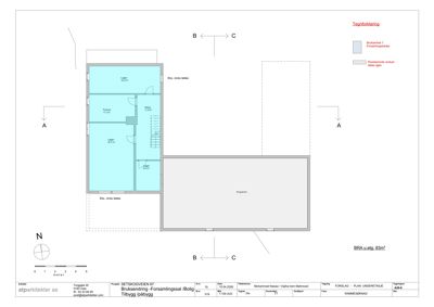 Etasjeplan (situasjonsplan) som viser romfordeling, arealer og plassering av eksisterende vinduer i forhold til en nybygget forsamlingssal.