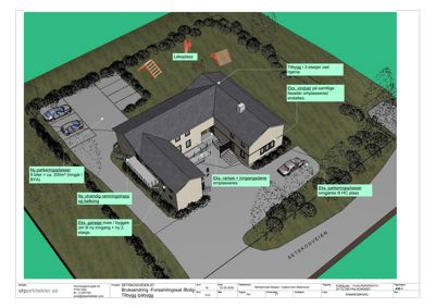 3D-visualisering av et hus med omgivende tomt, parkeringsplasser og planlagte endringer.