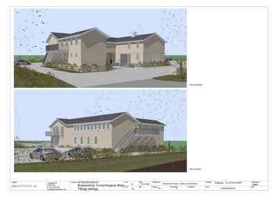 3D-visualisering (rendering) av en planlagt bygning sett fra to ulike vinkler (fra nordøst og fra sydøst).