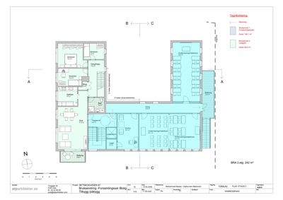 Etasjeplan (etasje 2) som viser romfordeling, arealer og funksjoner i et bygg.