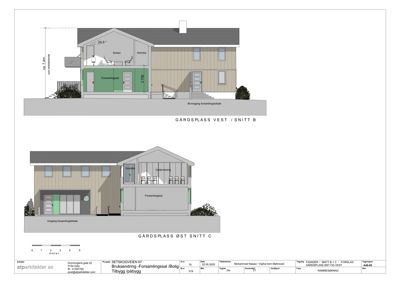 Bildet viser to fasadetegninger (opprikk) av en bygning sett fra vest og øst, inkludert snittlinjer og detaljer om materialer og innganger.
