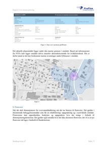 Et situasjonskart (Figur 5) som viser et byområde med gater, bygninger og et spesifikt planlagt område (fiolett polygon) for en fjellbrønn.