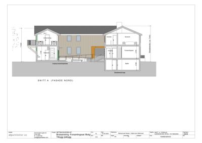 Snittegning (Snitt A) som viser tverrsnittet av en bolig sett fra nord, med romfordeling, høyder og konstruksjonsdetaljer.