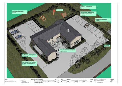 3D-visualisering av en bygning med omgivelsene, inkludert parkeringsplasser, lekeplass og vegetasjon.