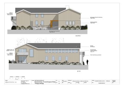 Fasadetegning som viser bygningens utseende sett fra nord og syd, med detaljer om materialer og farger.